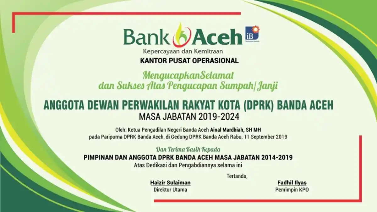 Ucapan Selamat Atas Pengucapan Sumpah/Janji Anggota DRP Kota Banda Aceh