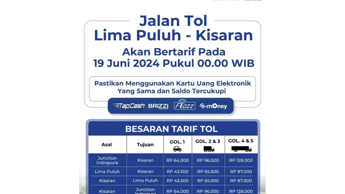 BESARAN Tarif Tol Kisaran-Indrapura, Mulai Berlaku 19 Juni Pukul 00.00 WIB