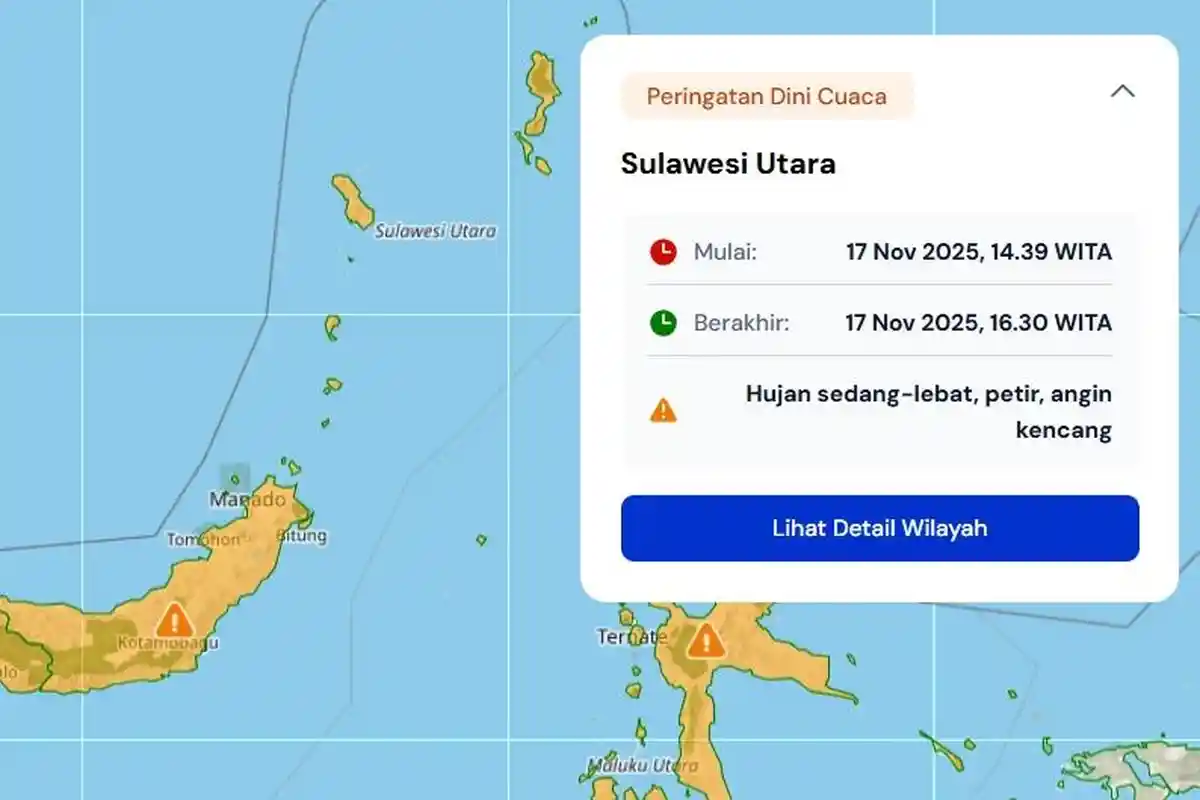 Peringatan Dini Cuaca Sulut Siang Ini Senin 17 November 2025, Berikut Info BMKG