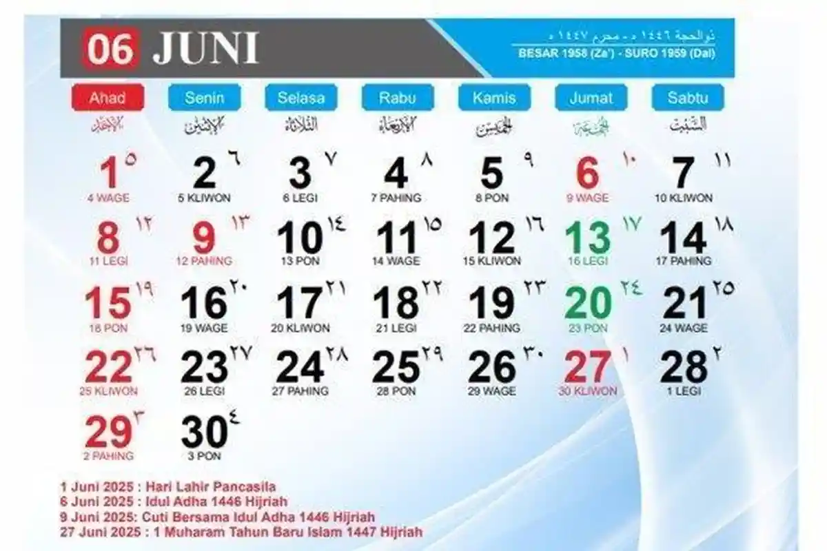 Kalender 2025: Tanggal Merah Juni ada Hari Lahir Pancasila, Idul Adha dan Tahun Baru Islam