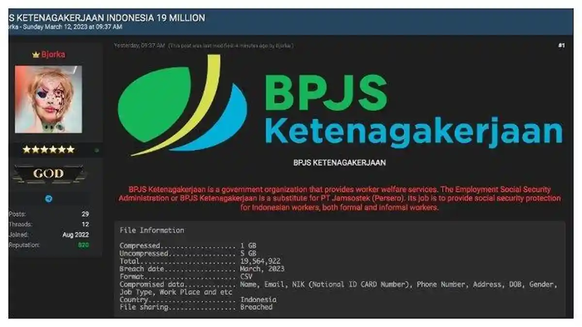 Bjorka Bocorkan 19 Juta Data Pengguna BPJS Ketenagakerjaan, Dijual Rp 15 Juta