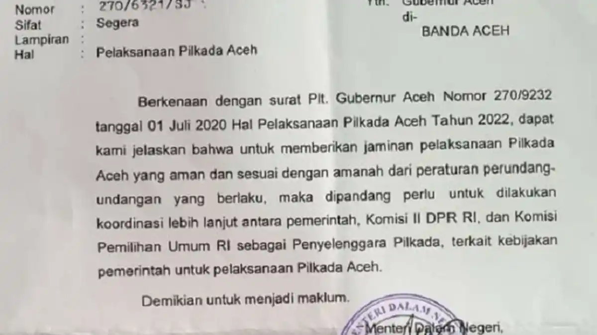 Pilkada Aceh Tahun 2022 Masih Teka teki, Ini Tersirat dari Surat Mendagri ke Gubernur, Begini Isinya