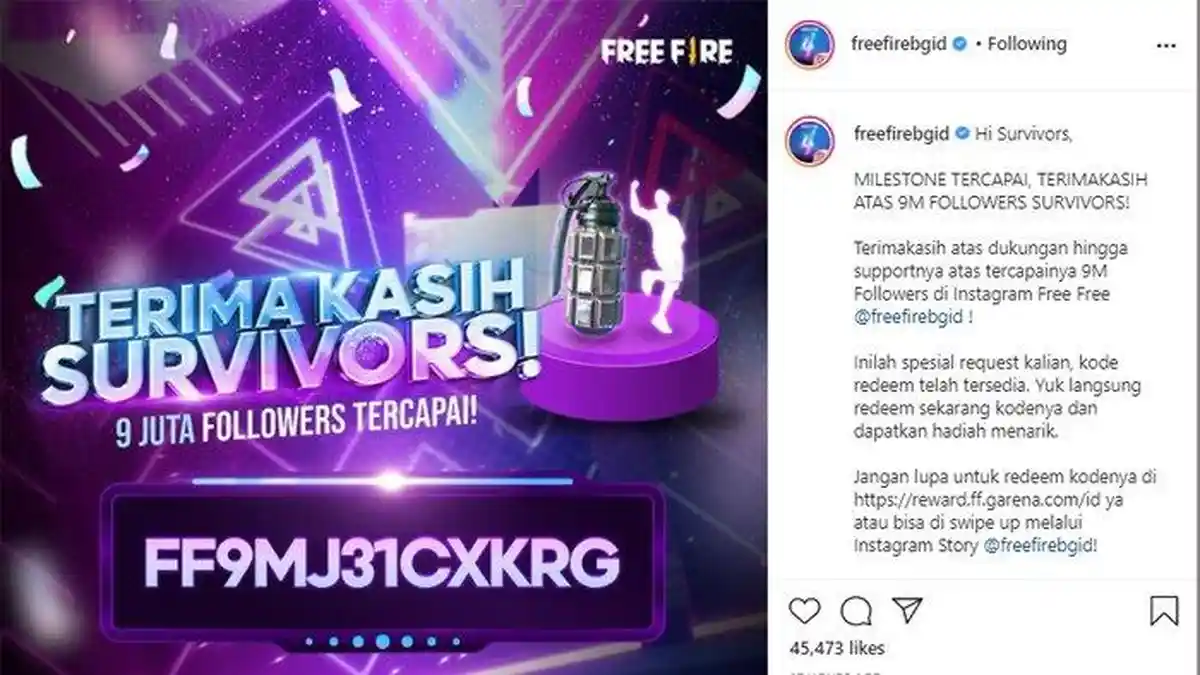 Ada yang Bagi-Bagi Kode Redeem Free Fire Terbaru Agustus 2021, Merayakan 9 Juta Followers
