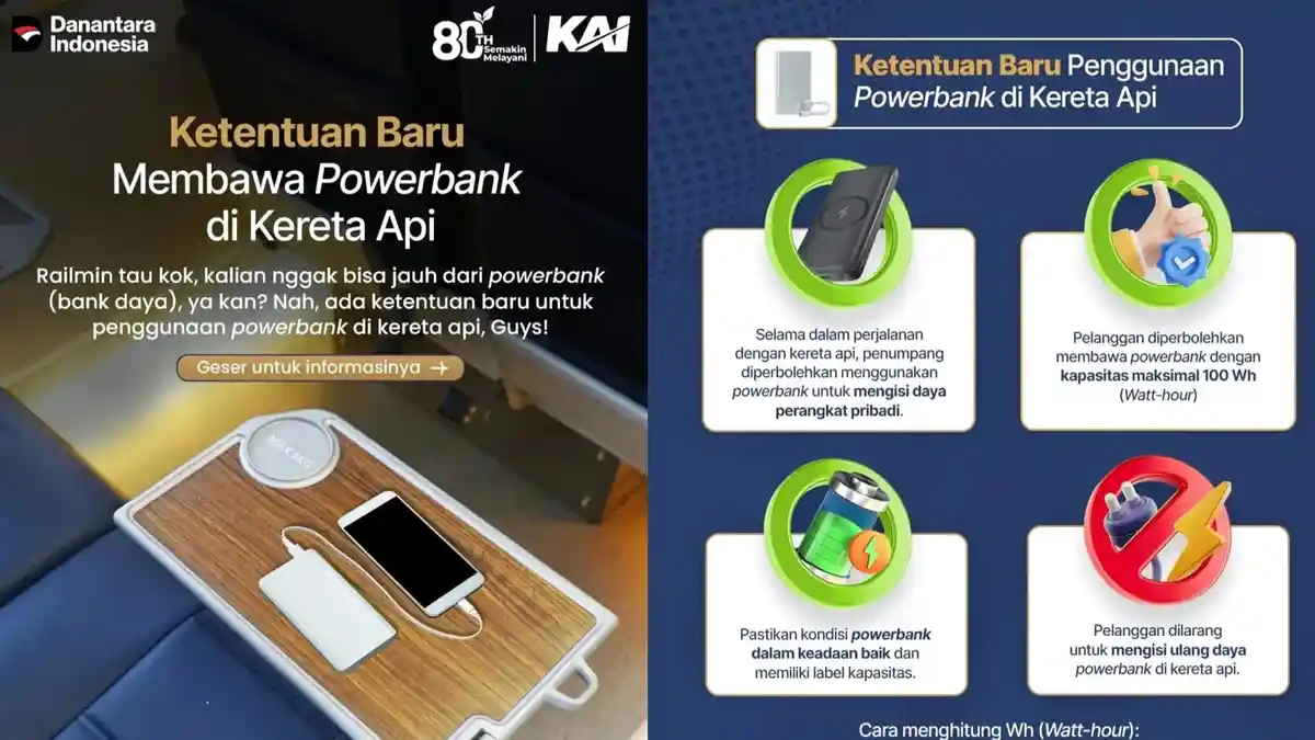 Simak Peraturan Baru KAI, Dilarang Cas Powerbank di Kereta Api-Kapasitas Maksimal 100 Wh