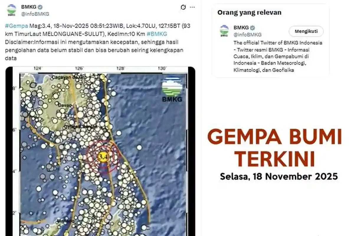 Gempa Bumi Terkini di Sulut Selasa 18 November 2025, Info BMKG Titik dan Magnitudonya