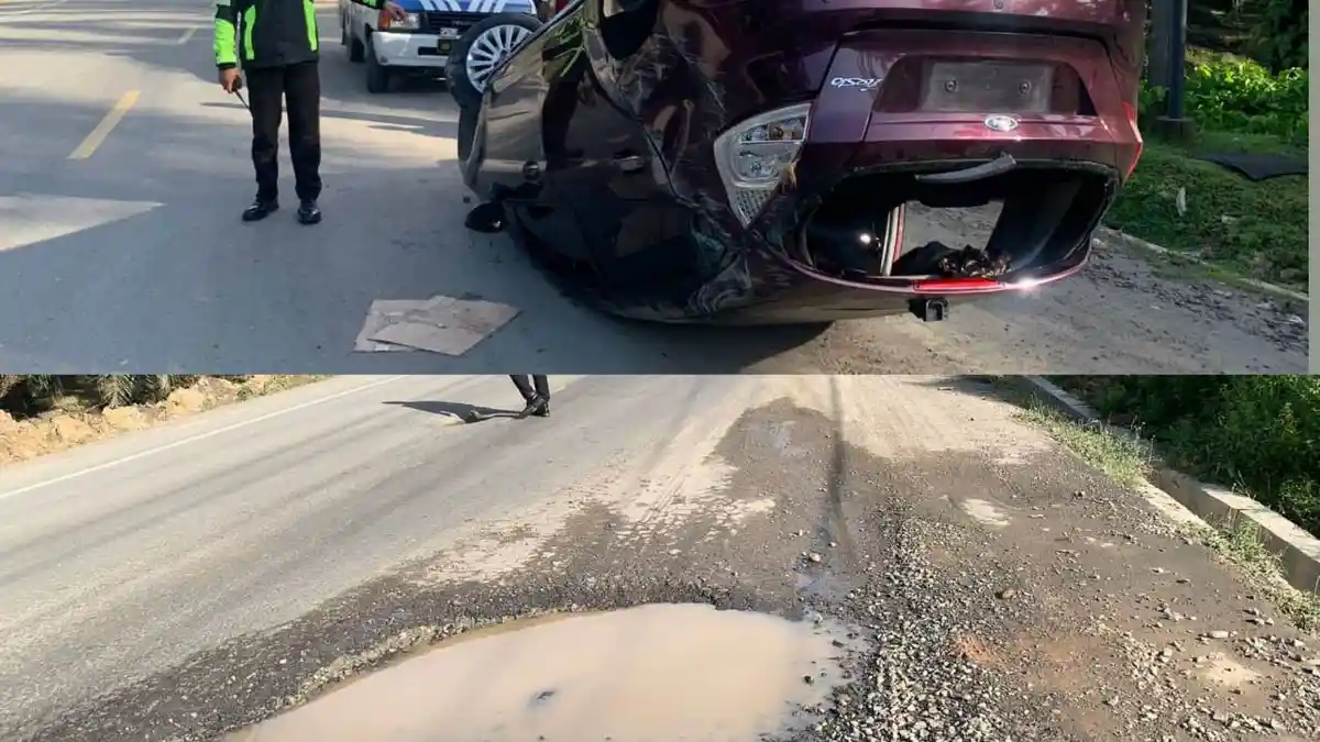 Hantam Lubang Besar Saat Subuh Buta, Mobil Terguling di Jalan Lintas Aceh Tamiang