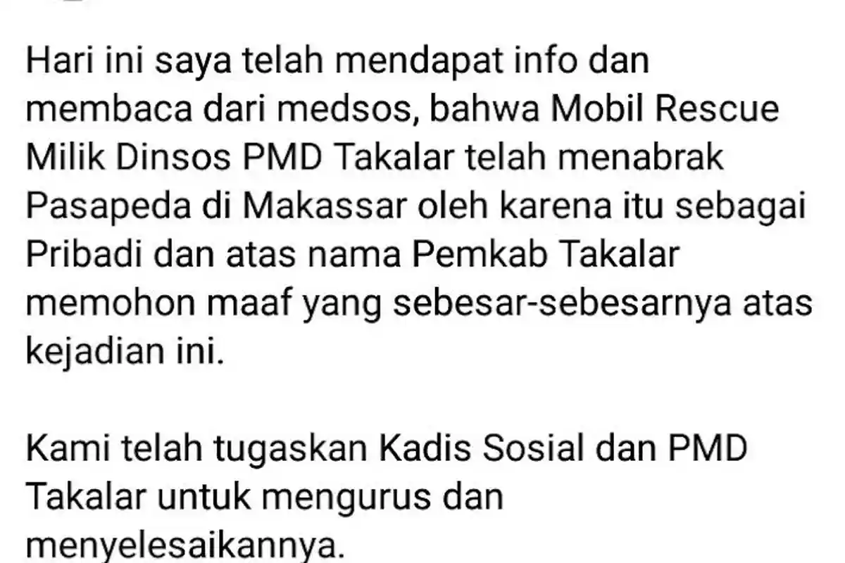 Randis Takalar Tabrak Pesepeda di Makassar, Syamsari Kitta Sampaikan Permohonan Maaf di Facebook