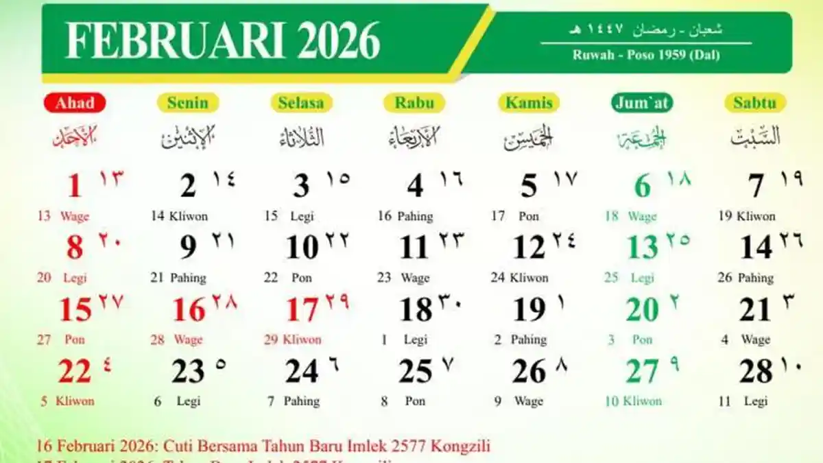Kalender Islam Februari 2026 Beserta Libur Tanggal Merah dan Jadwal Awal Puasa Ramadhan 1447 H
