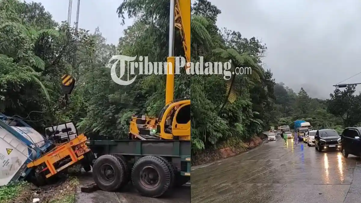 Breaking News Jalan Sitinjau Lauik Macet, Ada Evakuasi Truk Terbalik 