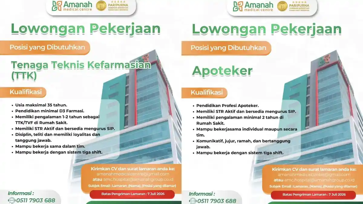 Lowongan Kerja Amanah Medical Centre Banjarmasin, Dicari Apoteker dan Tenaga Teknis Kefarmasian - Banjarmasinpost.co.id