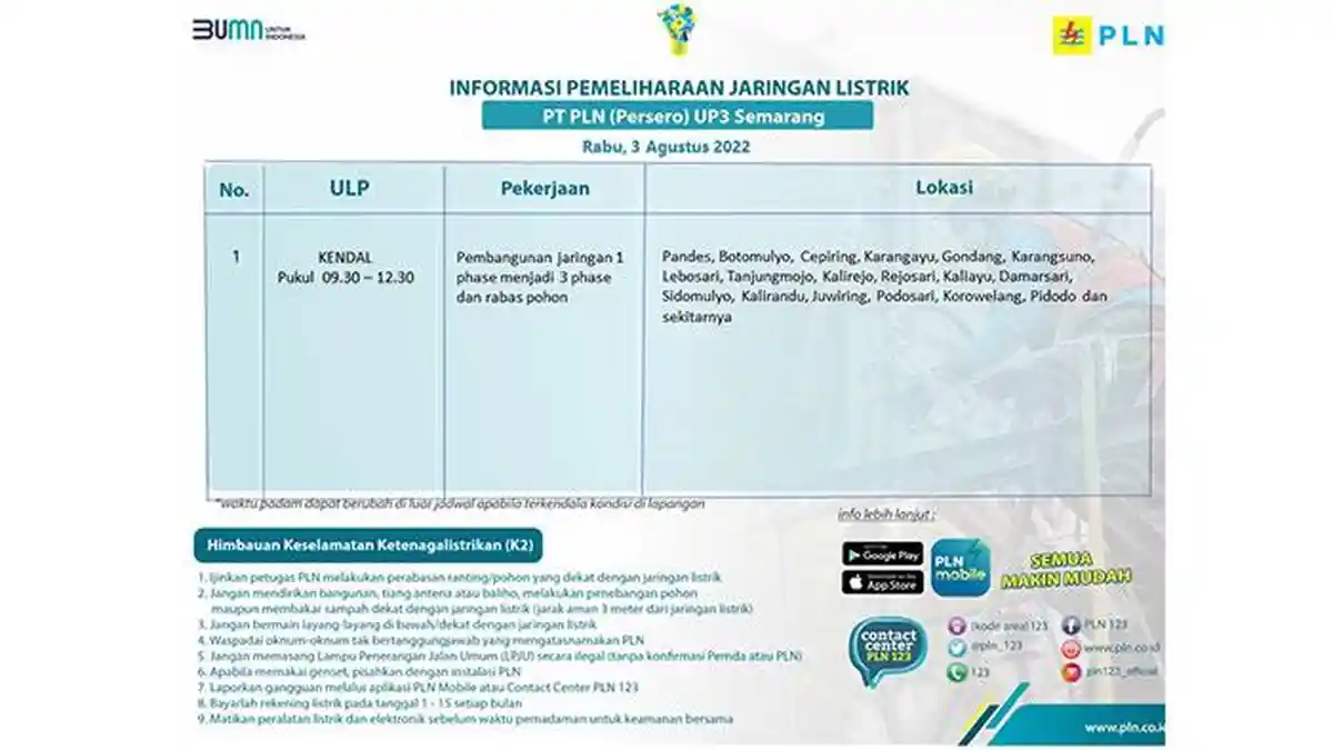 Info Pemeliharaan Jaringan PLN ULP Kendal 3 Agustus 2022