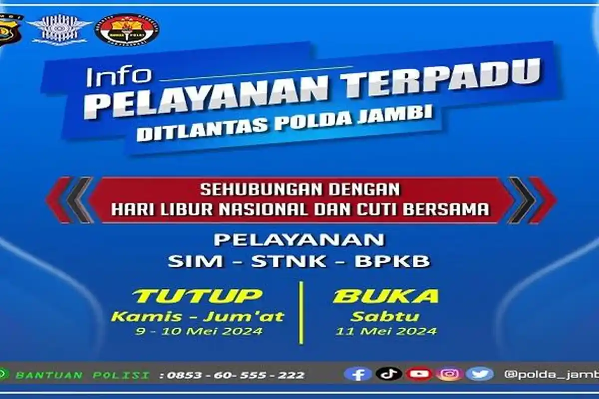 Pelayanan Terpadu Ditlantas Polda Jambi Tutup Hari Ini dan Besok, Kapan Mulai Dibuka?