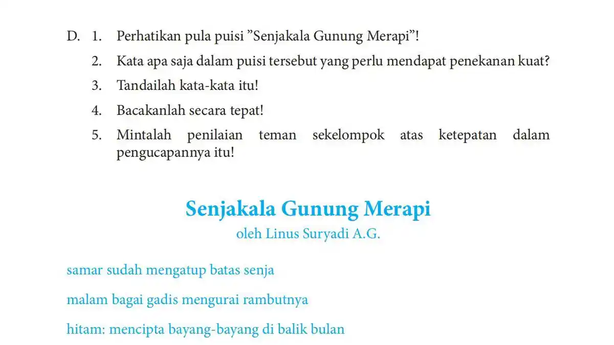 Kunci Jawaban Bahasa Indonesia Kelas 8 Halaman 121, Perhatikan Puisi Senjakala Gunung Merapi!