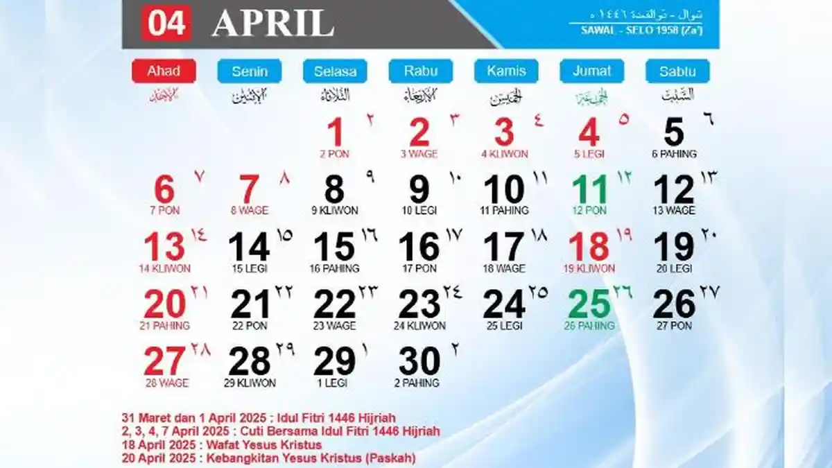 Kalender April 2025: Ada 10 Hari Libur dan Cuti Bersama, 12 Hari Libur Anak Sekolah