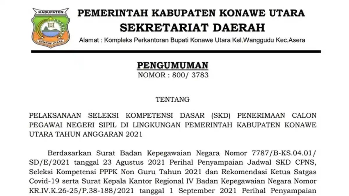 SIMAK Jadwal dan Ketentuan Seleksi Kompetensi Dasar CPNS Konawe Utara Tahun 2021