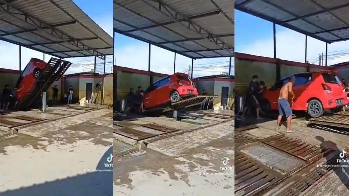 Viral Mobil Terjatuh dari Hidrolik Saat Sedang Dicuci
