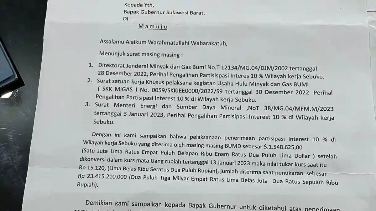 Participating Interest Migas Blok Sebuku 10 Persen, Pemprov Sulbar Dapat Rp23 Miliar