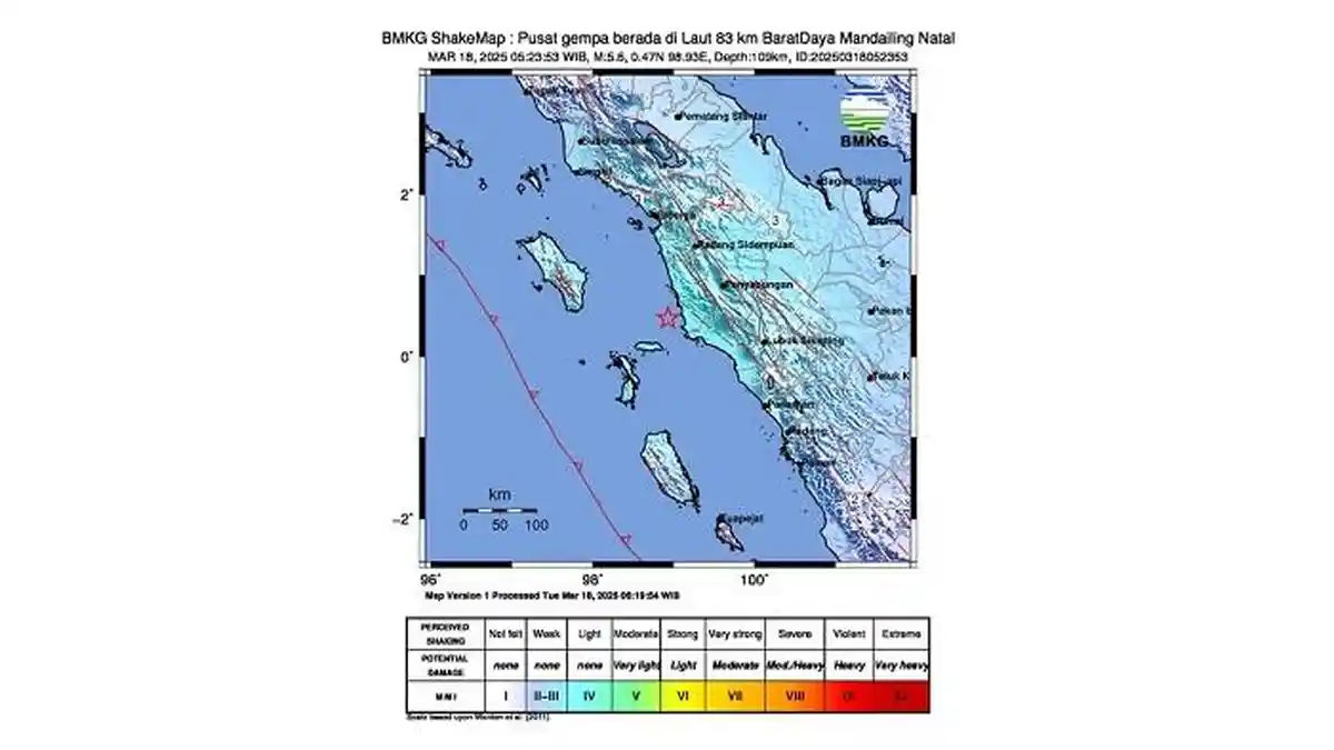 Gempa M 5,6 Guncang Mandailing Natal Sumut, BMKG: Terasa hingga Padang Sidempuan