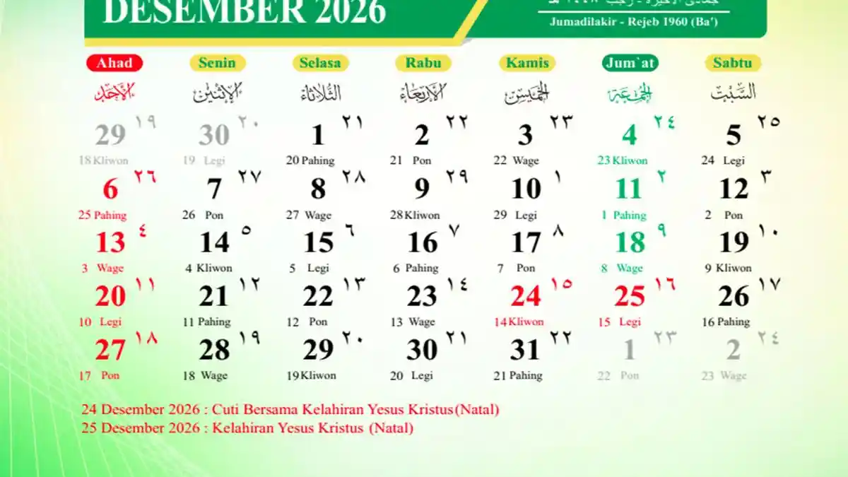 KALENDER Desember 2026: Cek Tanggal Merah, Kalender Hijriyah 1448 H, dan Long Weekend Natal