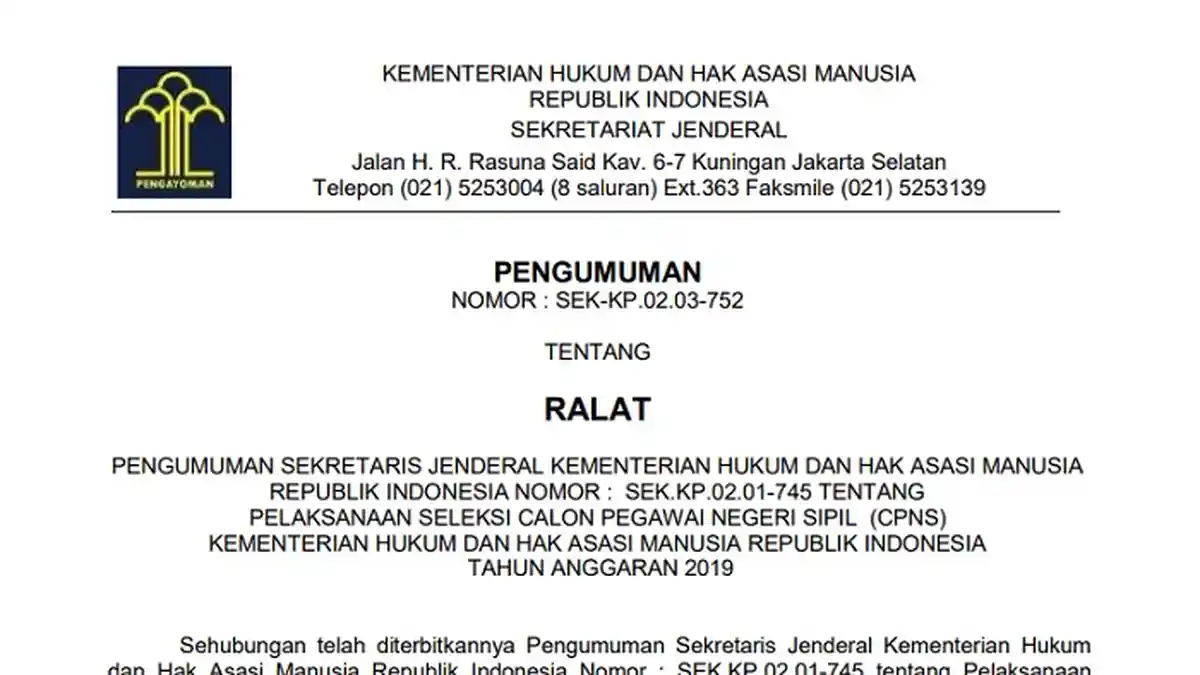 PENTING Ralat Pengumuman CPNS 2019 Kemenkumham, Cek Perubahannya Berikut Ini