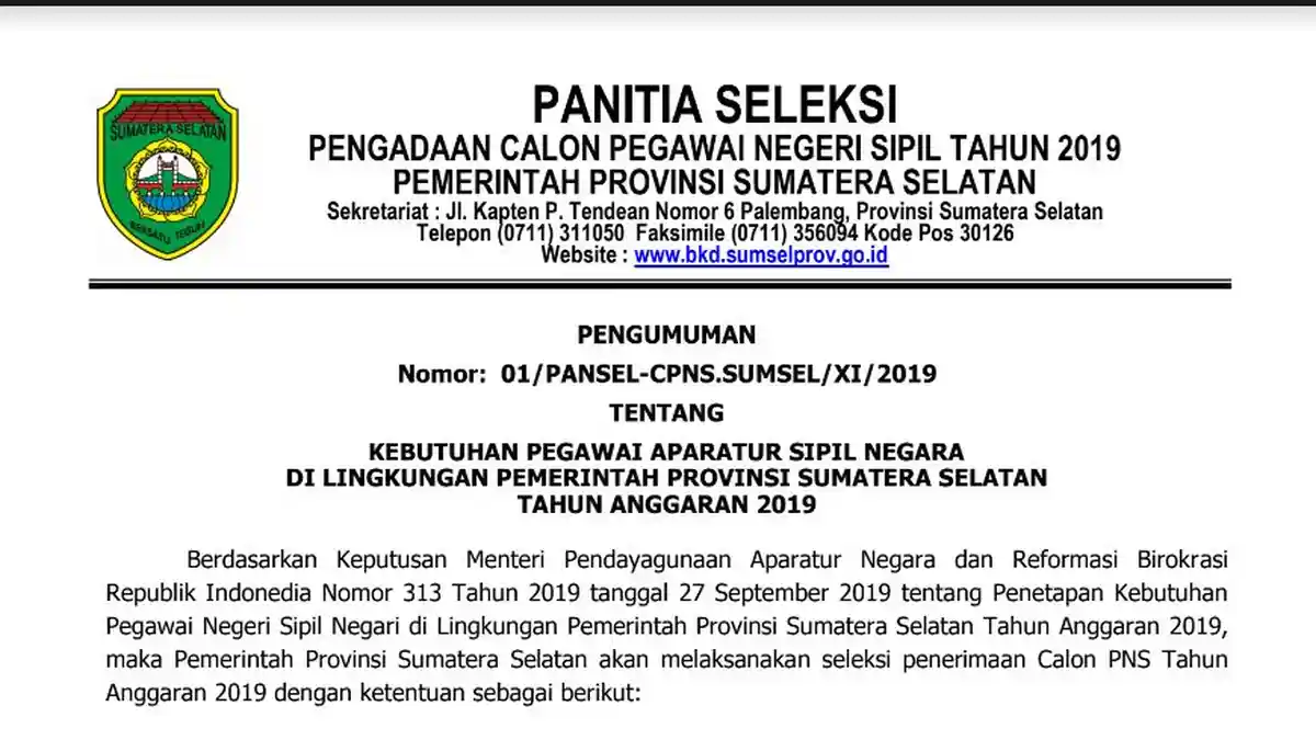 Download Info Pelaksanaan CPNS 2019 di Pemprov Sumsel (Seleksi Administrasi Ujian SKD)