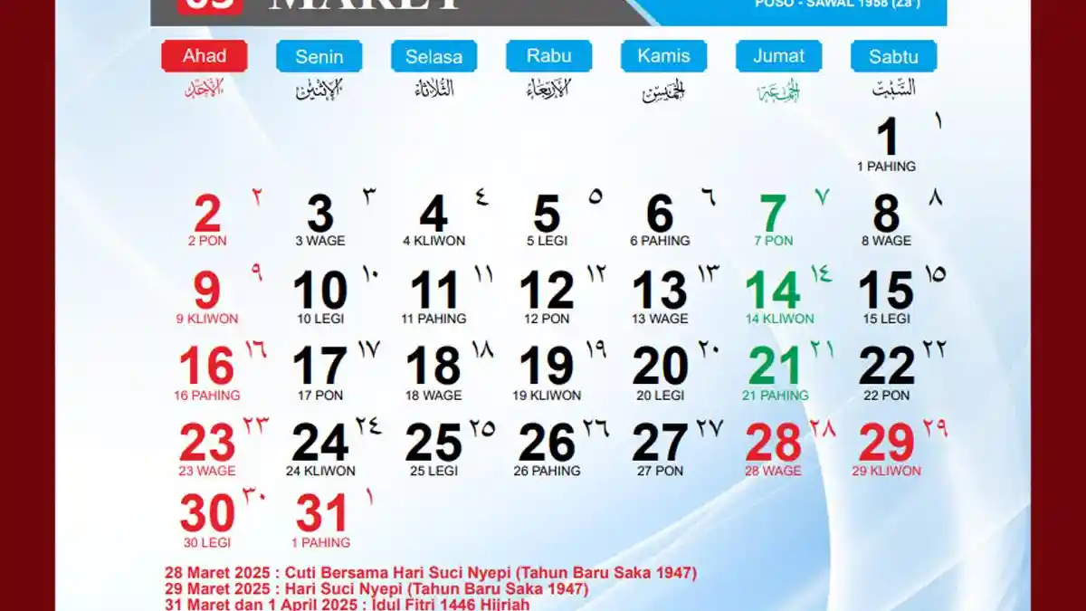 Kalender Maret 2025 Lengkap dengan Tanggal Merah Hari Raya Nyepi dan Idul Fitri 2025