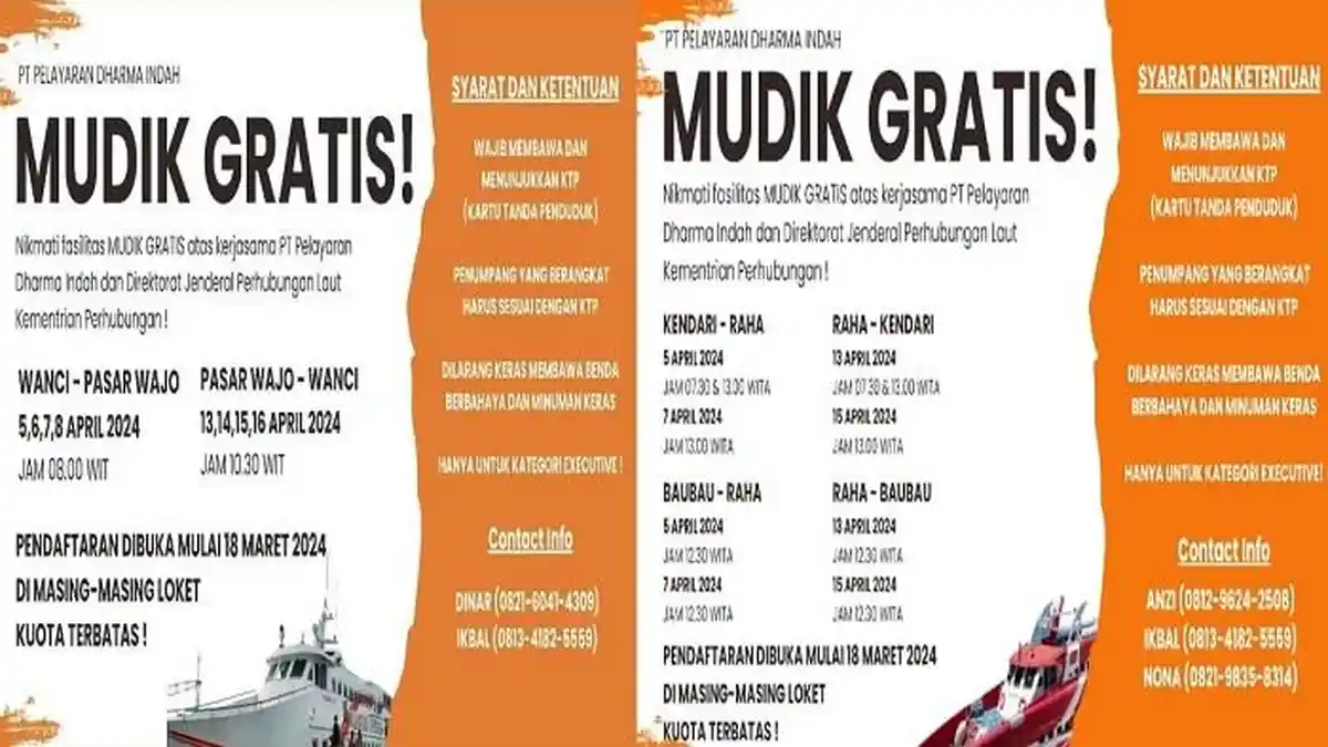 Cara Daftar Mudik Gratis PT Pelayaran Dharma Indah di Sulawesi Tenggara, Lengkap Rute dan Jadwalnya