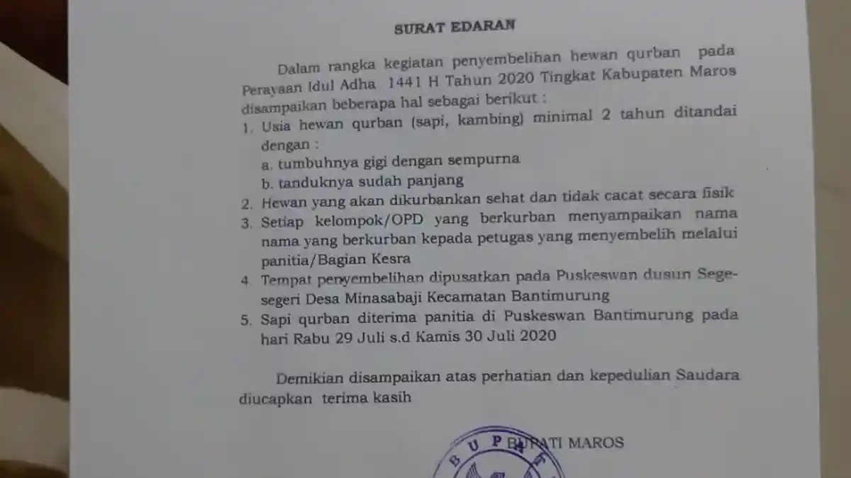 Bupati Maros Keluarkan Surat Edaran Tentang Persiapan dan Tata Cara Kurban, Begini Isinya
