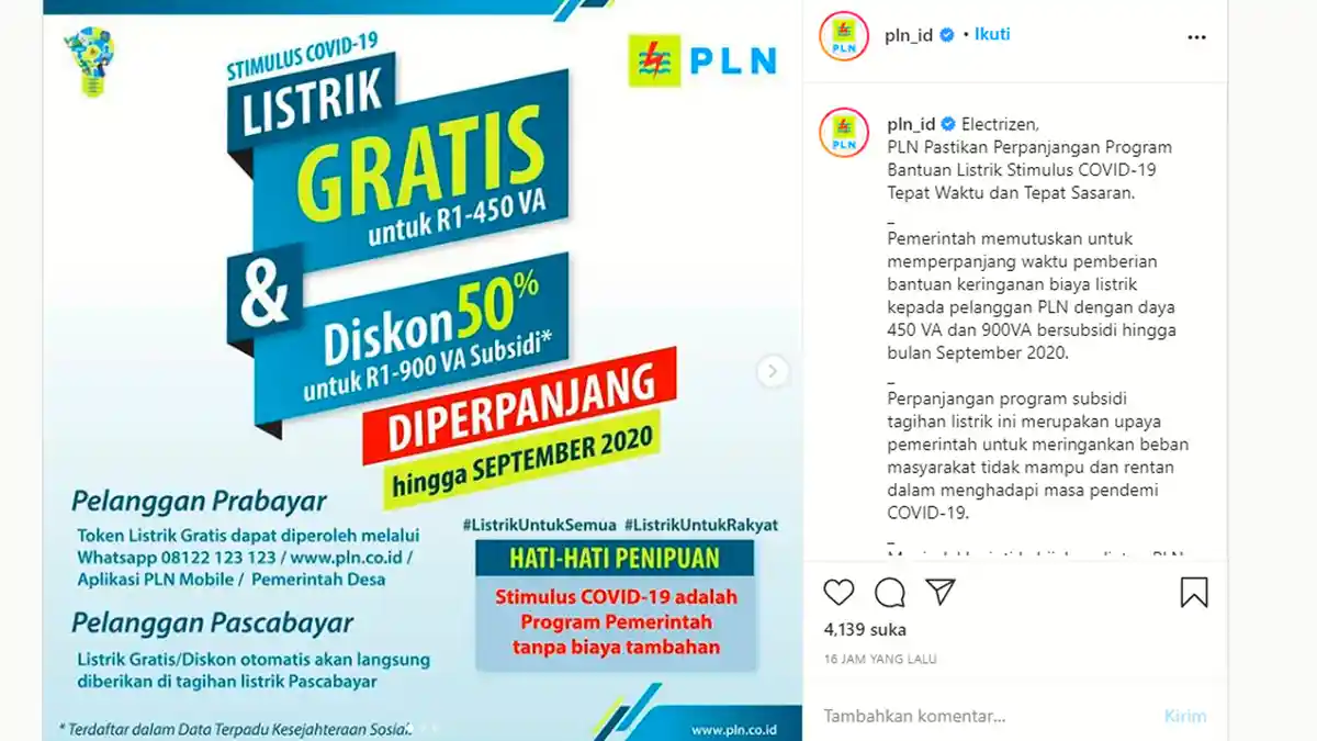 Program Token Listrik Gratis & Diskon Daya 450 VA/900 VA Subsidi Diperpanjang hingga September
