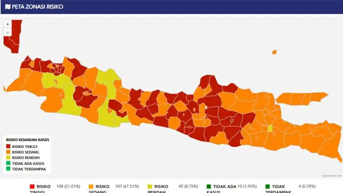 UPDATE Peta Zona Merah Penyebaran Covid-19 di Pulau Jawa, Terbanyak di Jateng Ada 20 Wilayah