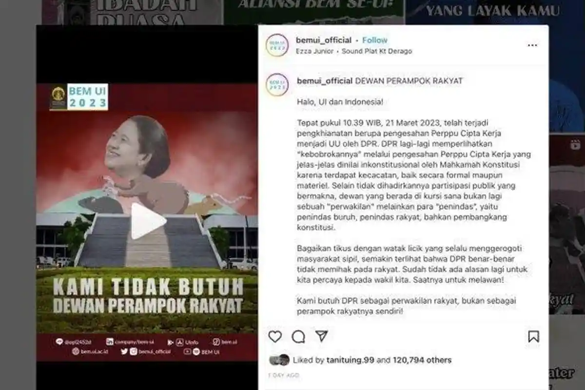Perusahaan Makin Mudah PHK Karyawan Imbas Perppu Cipta Kerja Disahkan,BEM UI Unggah 'Meme' Ketua DPR