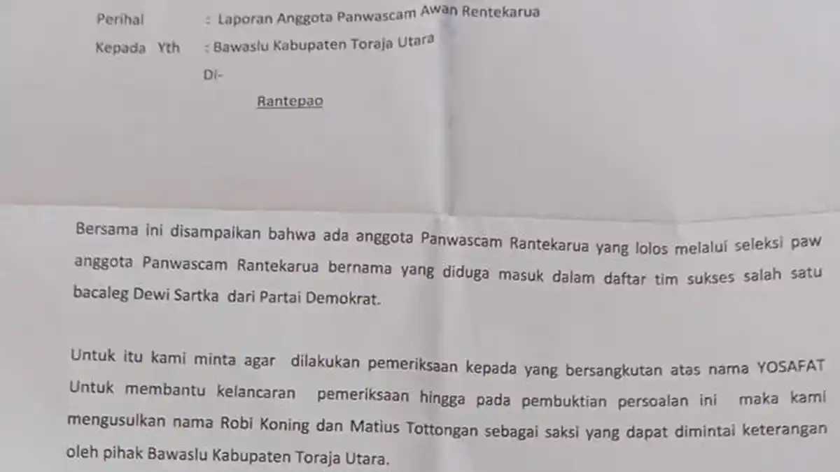 BREAKING NEWS: Anggota Panwascam Awan Rantekarua Dilaporkan Jadi Tim Sukses Caleg