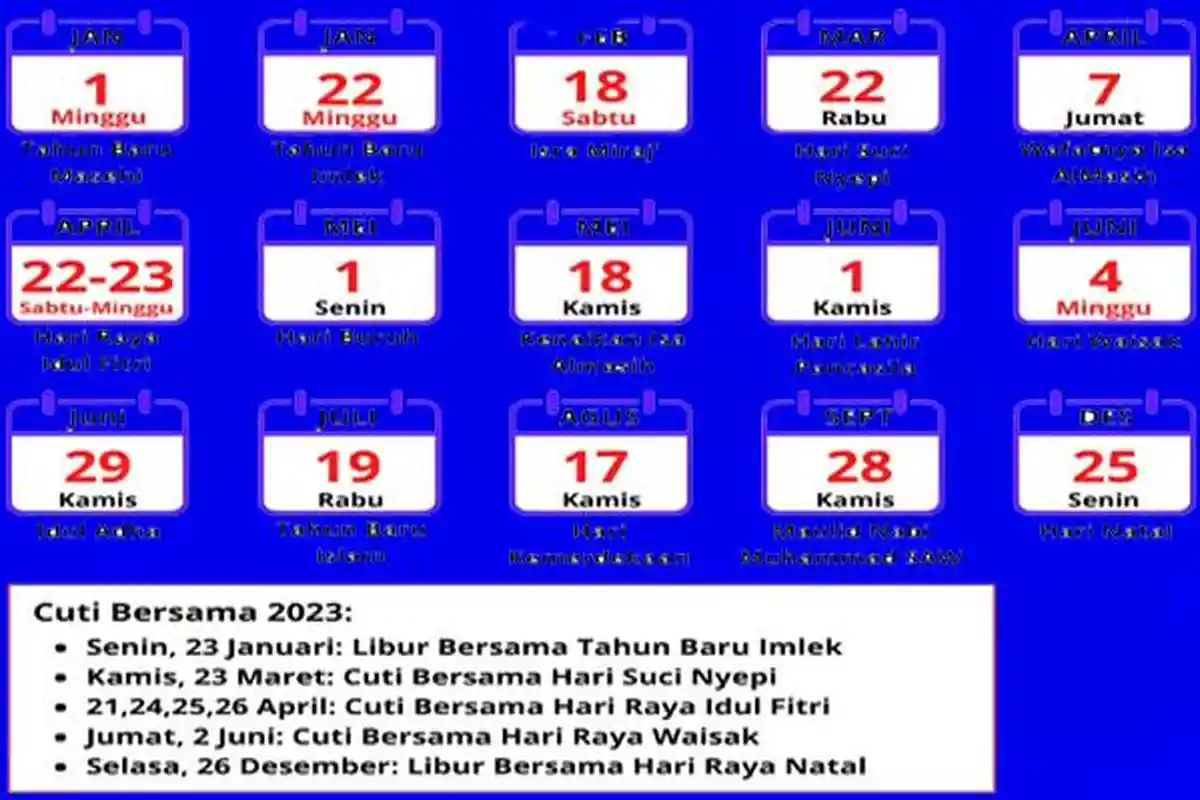 Kalender Hari Libur Tahun 2023 Tanggal Merah dan Cuti Bersama Mulai 1 Januari, Total 24 Hari Libur
