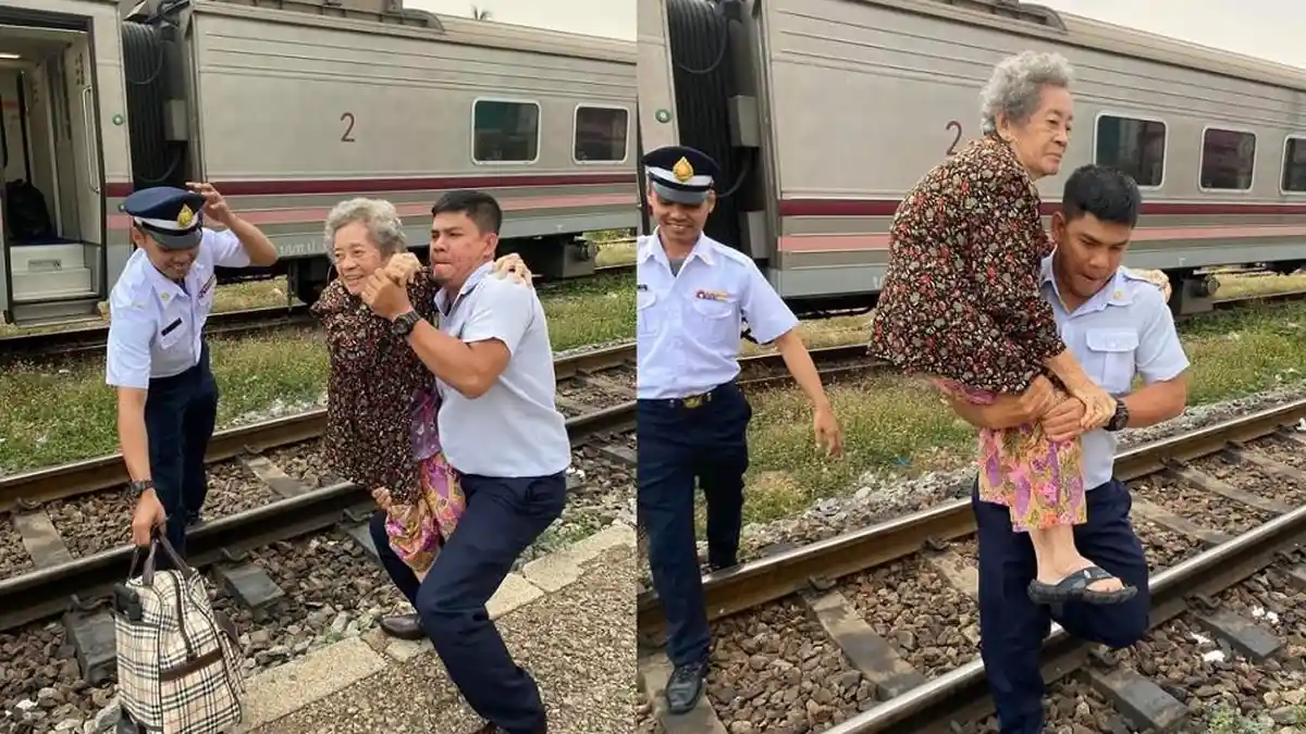 VIRAL Dua Kondektur Kereta Api Angkat Wanita Tua Turun dari Kereta, Aksinya Tuai Pujian