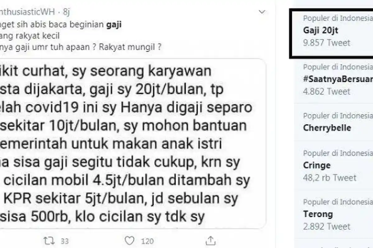 Viral Status Orang Bergaji Rp20 Juta Tapi Merengek ke Pemerintah Tak Bisa Makan Terdampak Covid-19