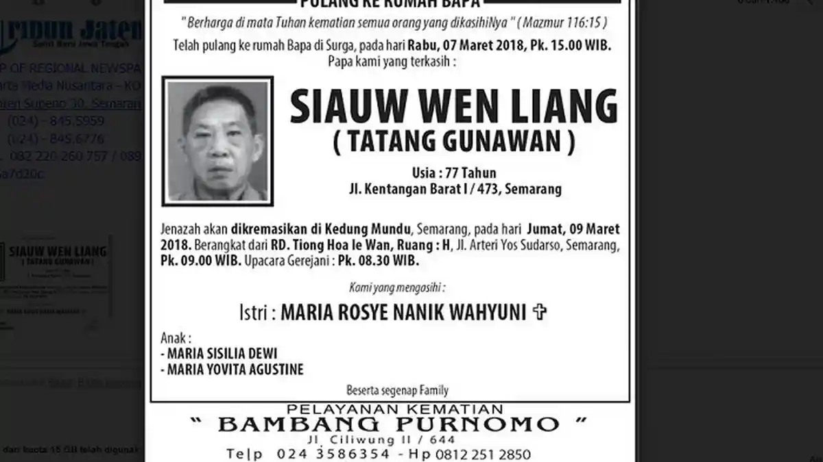 Berita Duka Cita Tatang Gunawan (Siauw Wen Liang)