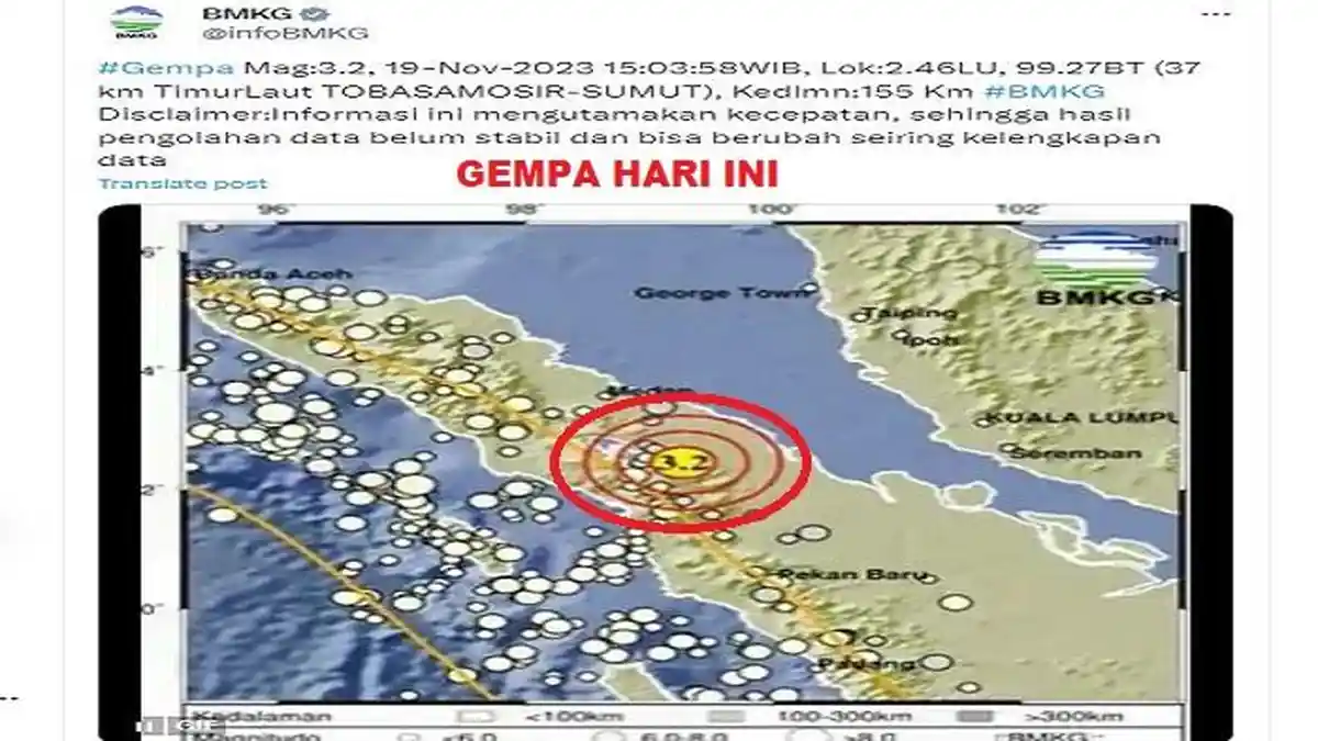 Gempa Hari Ini Minggu 19 November 2023 Getarkan Toba Samosir Sumut, Berikut Datanya