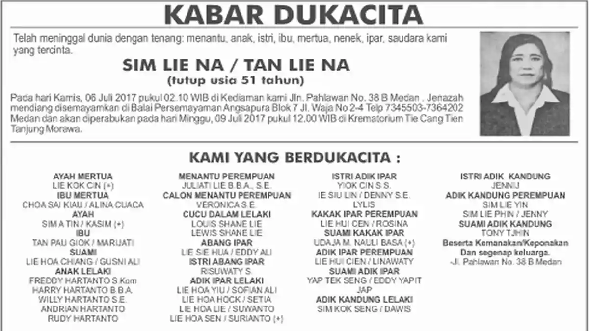 BERITA DUKACITA: Telah Meninggal dengan Tenang Sim Lie Na