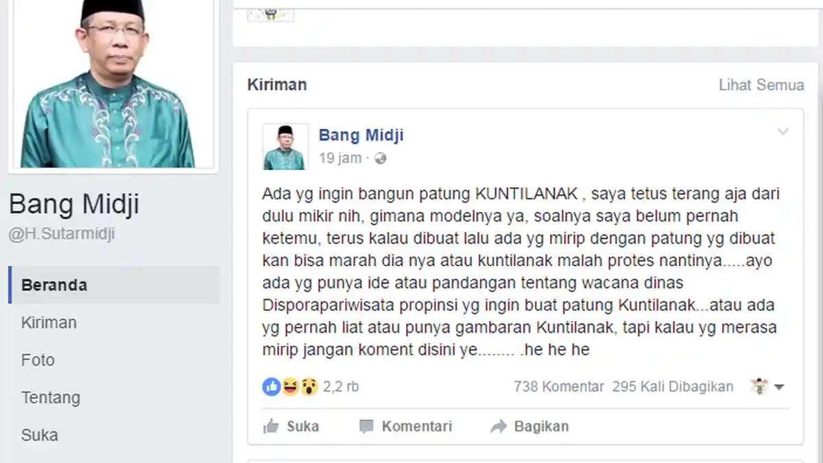 Ada Yang Mau Bangun Patung Kuntilanak, Ini Komentar Bang Midji di Facebook
