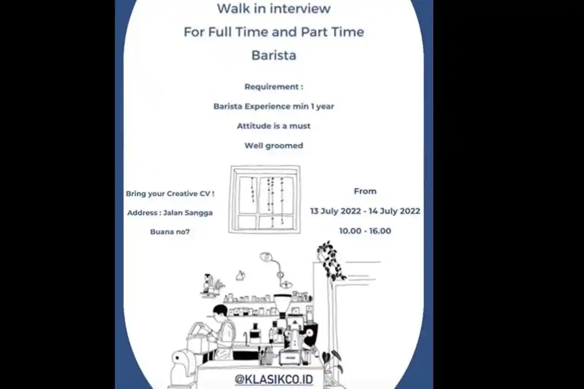 Dibuka Lowongan Kerja Bogor, Jadi Barista Full Time dan Part Time di Klasik Coffee