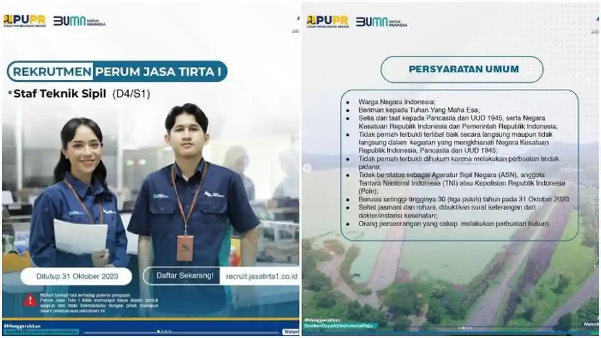 DAFTAR Sekarang! Perum Jasa Tirta I Buka Lowongan Kerja, Pendaftaran Terakhir 31 Oktober 2023