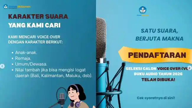 Pendaftaran Seleksi Voice Over Buku Audio 2026 Kemendikdasmen Dibuka, Ini Syarat & Cara Daftarnya