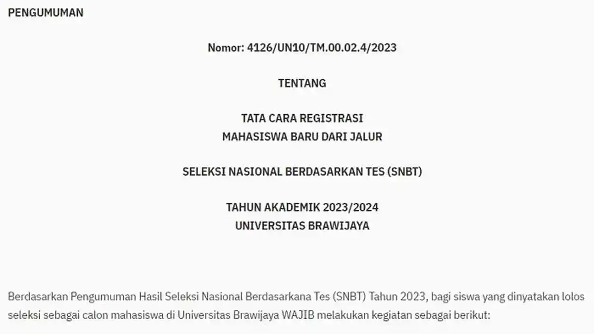 Cara dan Ketentuan Daftar Ulang Universitas Brawijaya, Bagi yang Lolos SNBT 2023