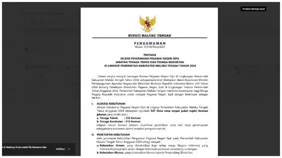 LINK PDF Formasi Kebutuhan CPNS Pemerintah Kabupaten Maluku Tengah 2024