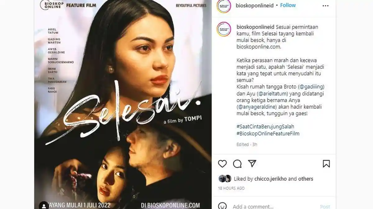 Film Selesai yang Dibintangi Anya Geraldine dan Gading Marten Tayang Kembali