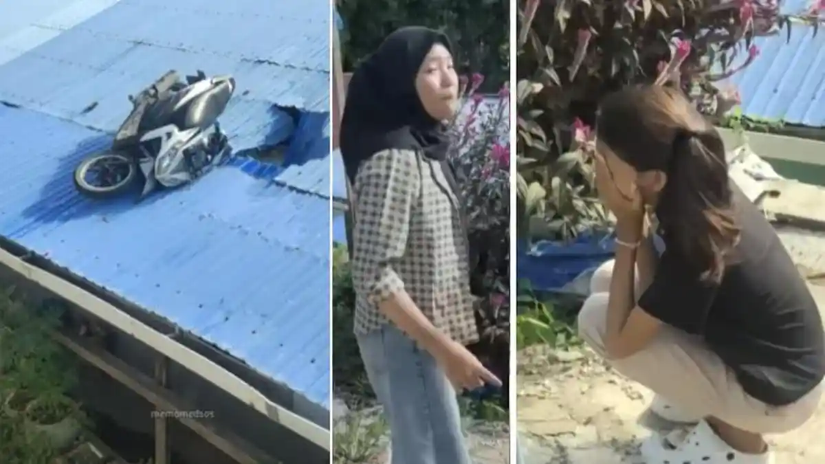VIRAL Perempuan Terduduk Lesu saat Motornya Nyungsep di Atap Rumah Warga