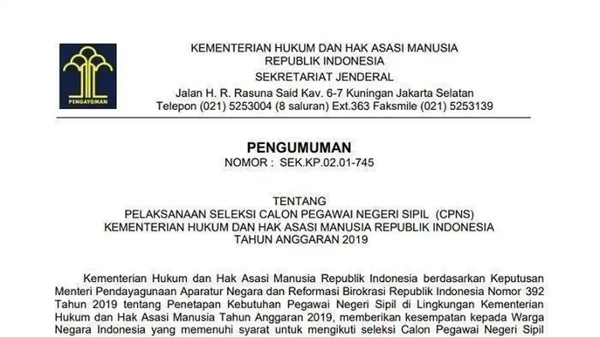 Download Format Surat Lamaran & Pernyataan CPNS Kemenkumham 2019 untuk Pendaftar SMA hingga S2