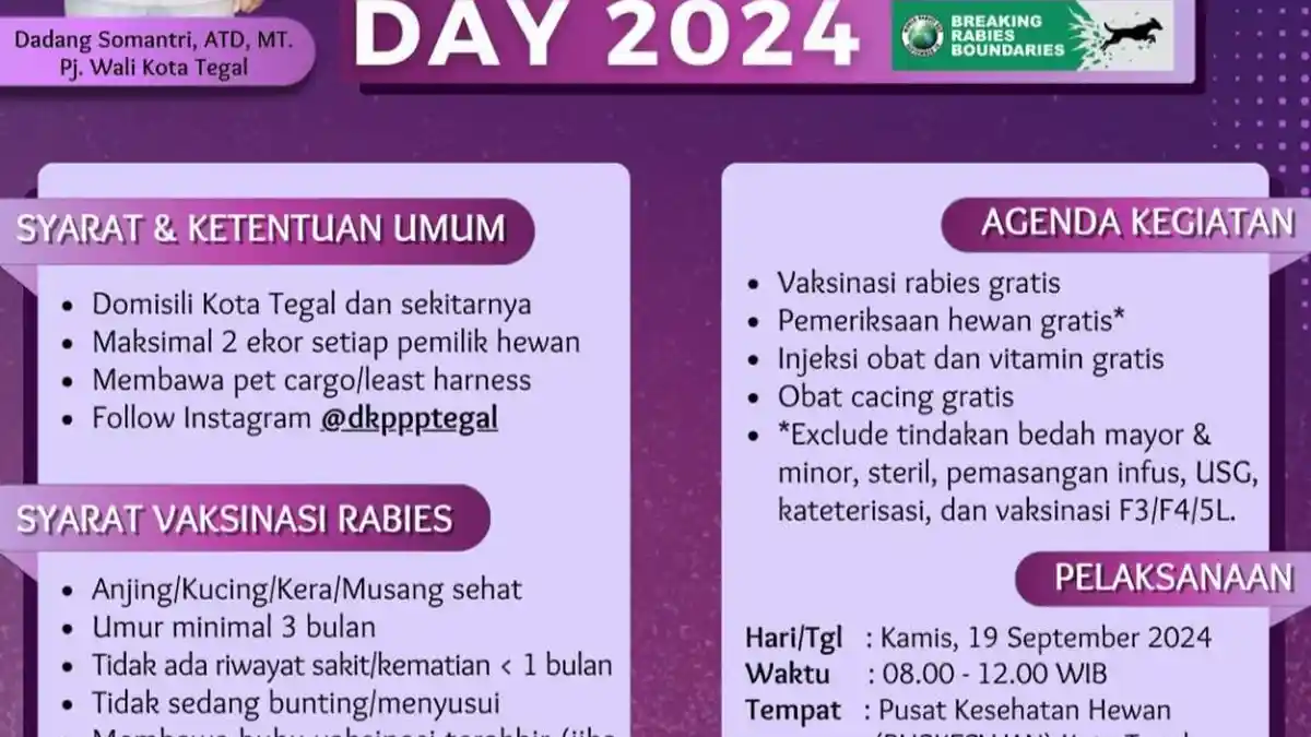Catat Tanggalnya! Pemkot Tegal Sediakan 200 Dosis Vaksin Rabies Gratis