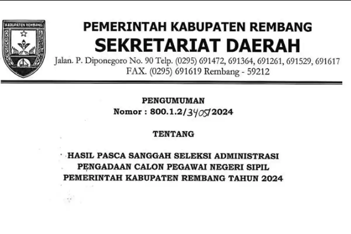 Link Download PDF Hasil Seleksi Administrasi CPNS 2024 Pemkab Rembang Pasca Sanggah, 11 TMS Jadi MS