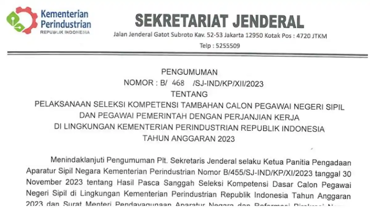 Link Download Pengumuman SKT CPNS PPPK Kemenperin 2023 dan Ketentuannya